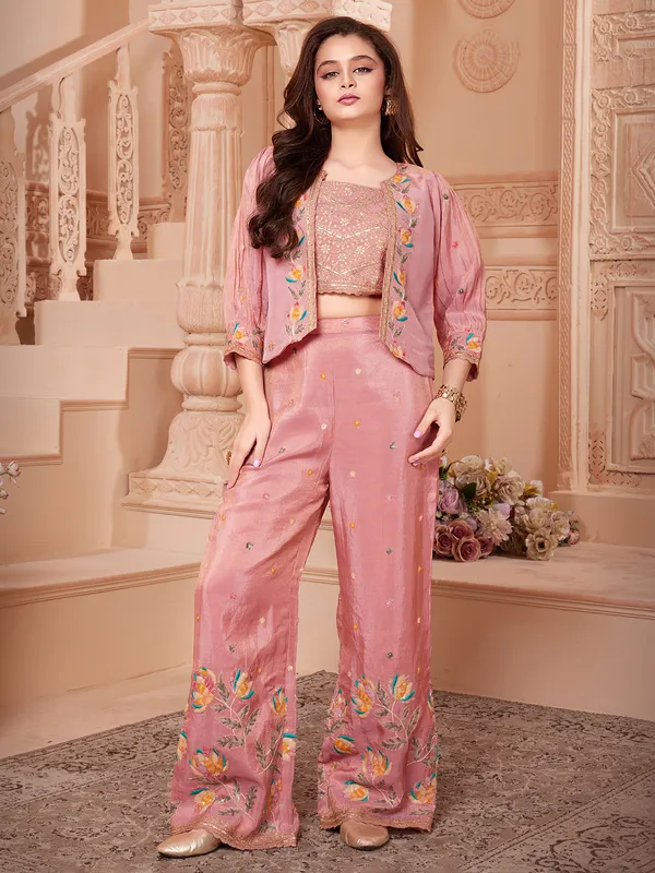 Peach festive wear silk palazzo suit for girls