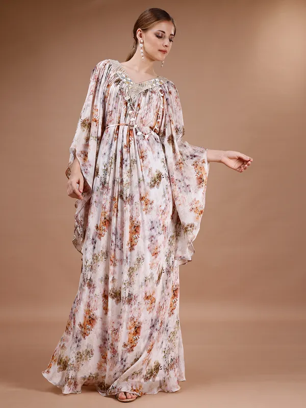 Peach floral printed kaftaan style gown