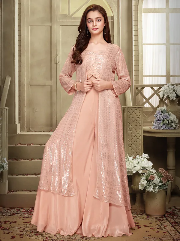 Peach georgette palazzo set with shrug