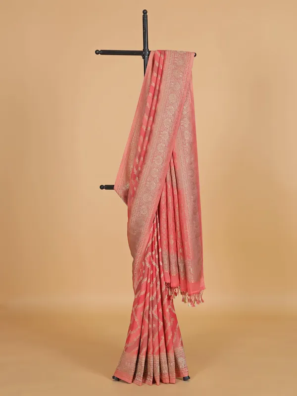Peach georgette printed saree for wedding