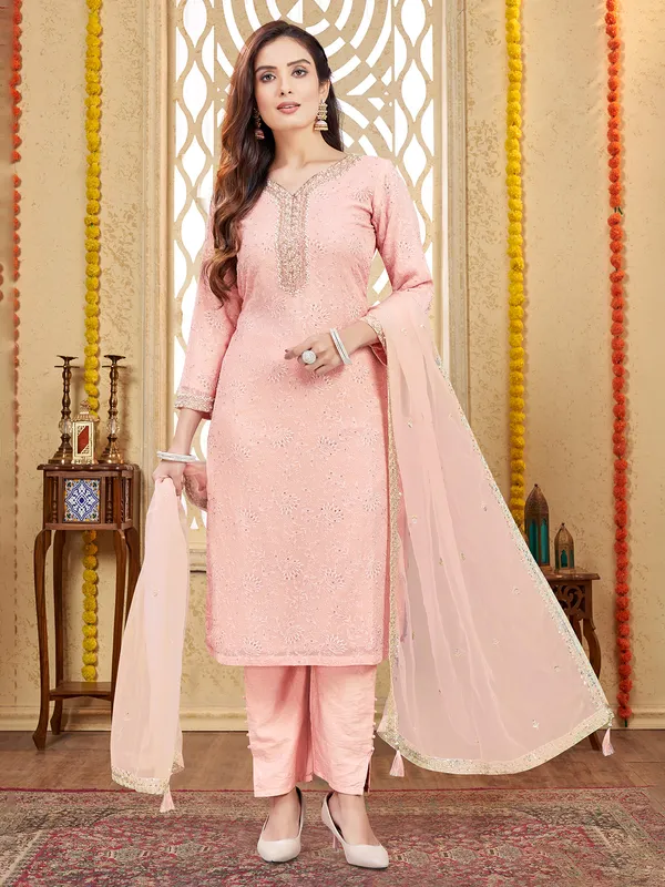 Peach georgette salwar suit with dupatta