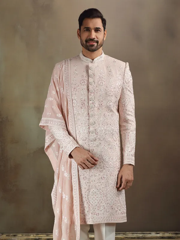 Peach georgette sherwani with dupatta and wedding wear