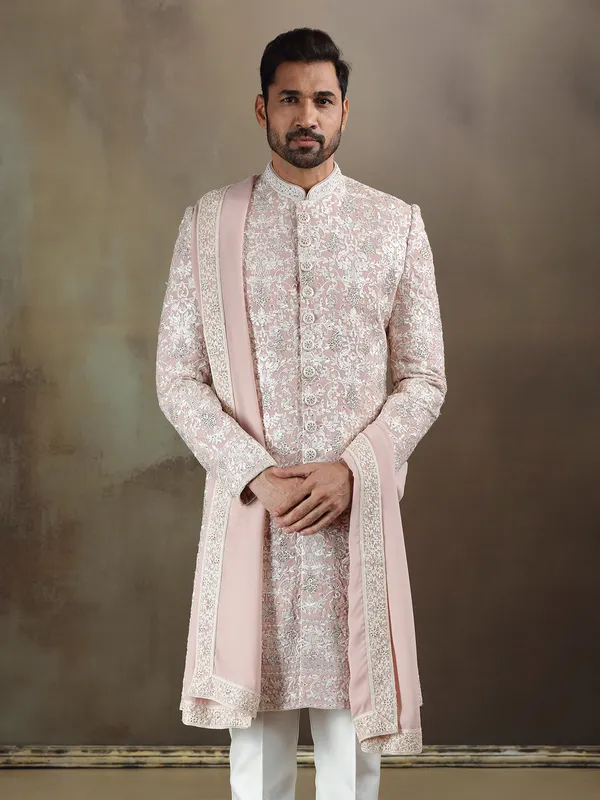Peach georgette wedding wear sherwani with dupatta