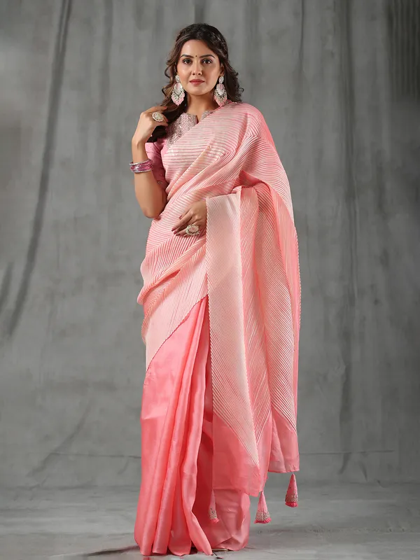 Peach half n half tussar silk saree