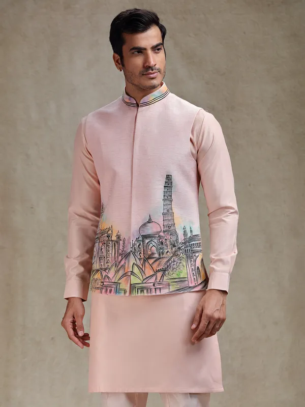 Peach hand printed kurta jacket set for ethnic charm