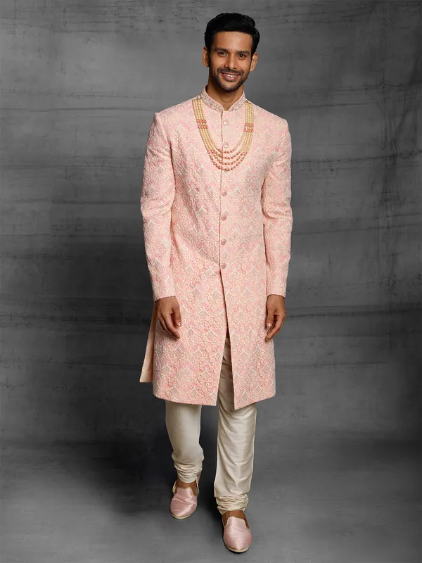 Peach hue sherwani in silk fabric