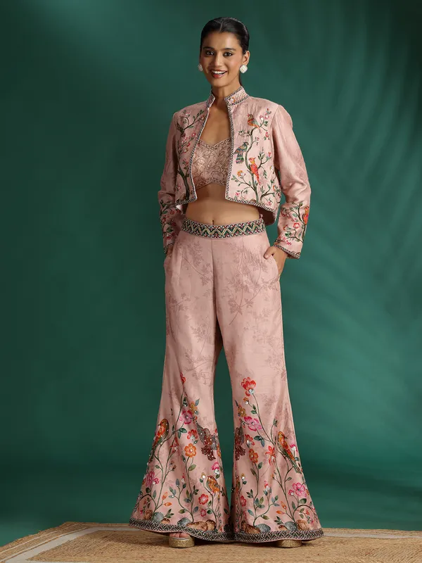 Peach jacket style palazzo suit with dupatta