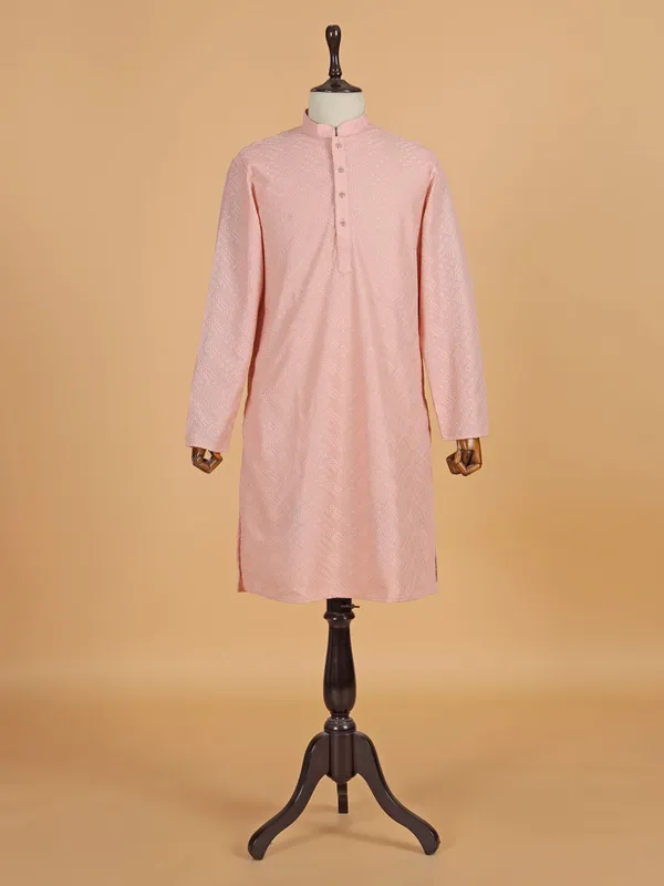 Peach Kurtra suit for men in cotton silk