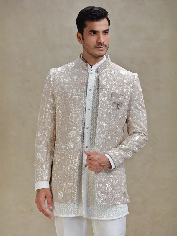Peach layered short jacket style georgette indo-western