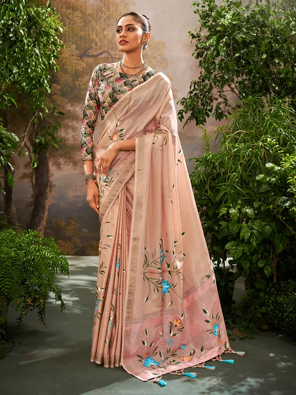 Peach linen printed saree for festival
