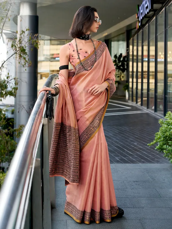 Peach linen tissue silk saree with print