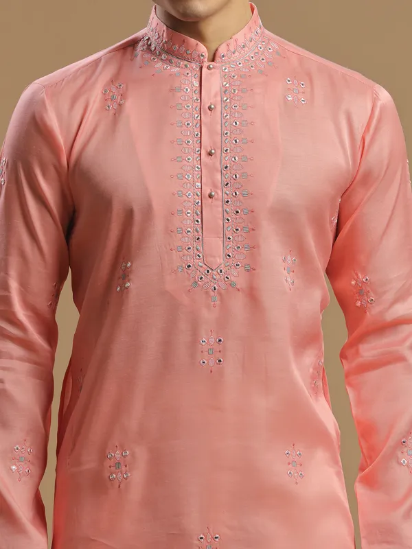 Peach men silk kurta suit for festive look