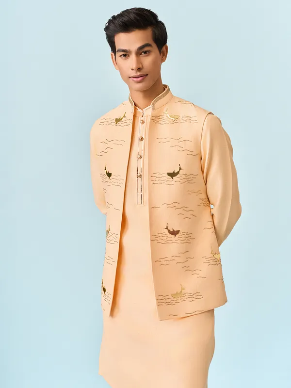 Peach oceanic cutadana work kurta jacket set