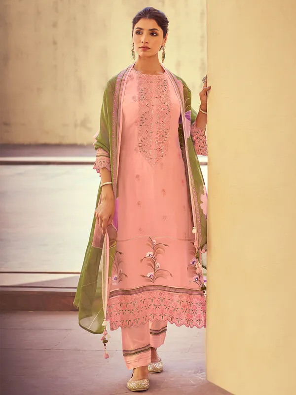 Peach organza salwars suit with cutwork