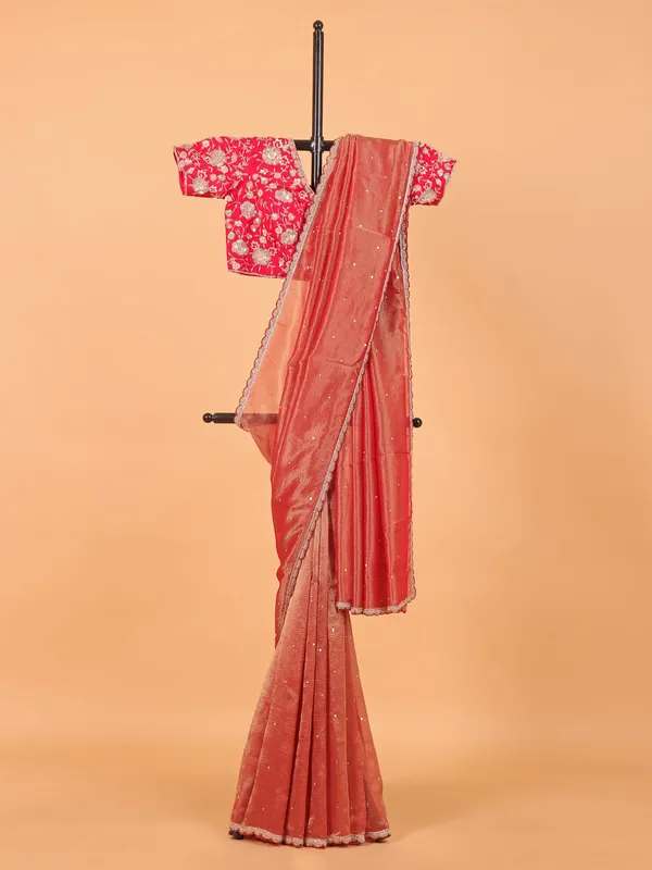 Peach organza wedding wear saree