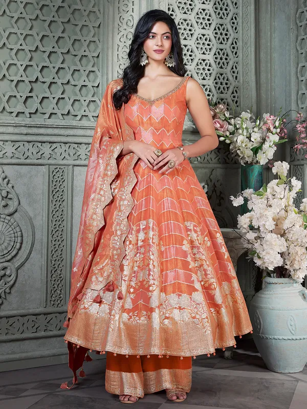 Peach palazzo suit with zari embellishment