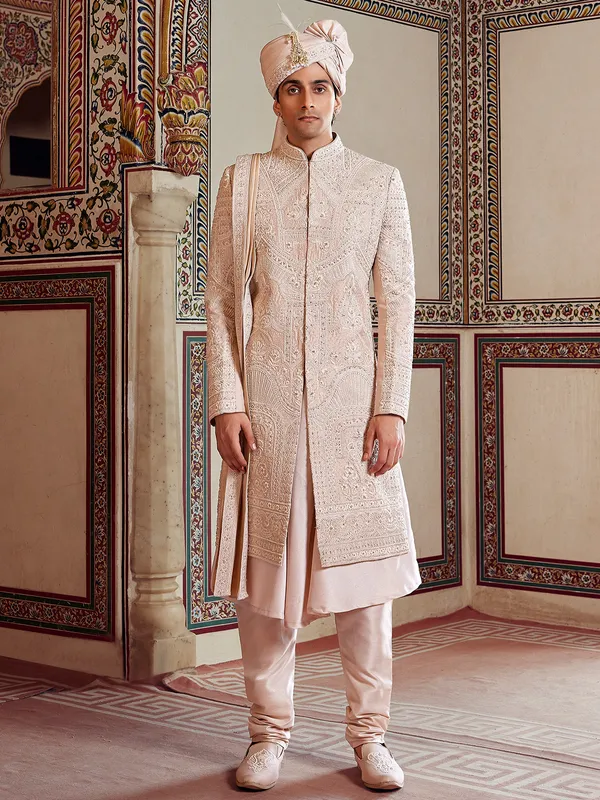 Peach peshwai style raw silk sherwani for groom