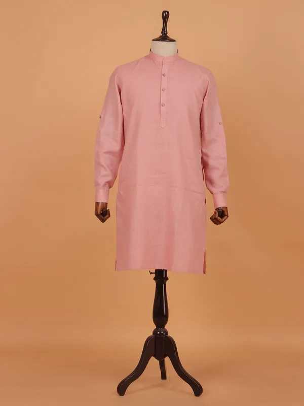 Peach plain mandarin neck kurta set for men