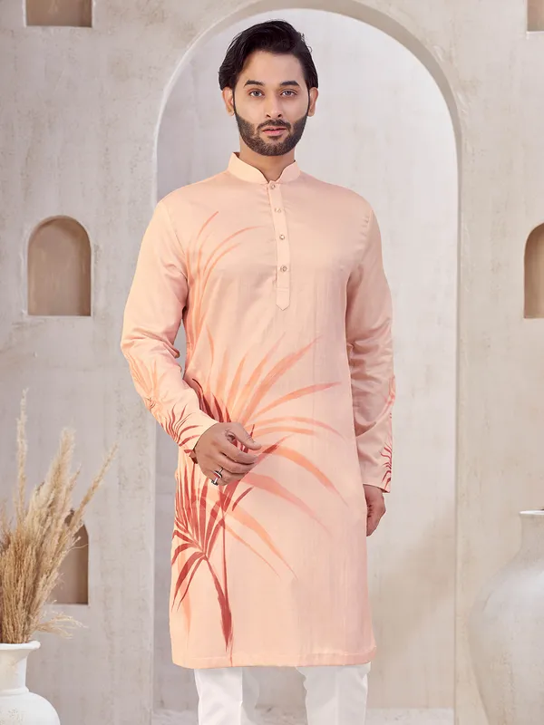Peach printed cotton kurta suit for festive wear
