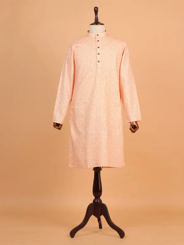 Peach printed cotton kurta suit for men