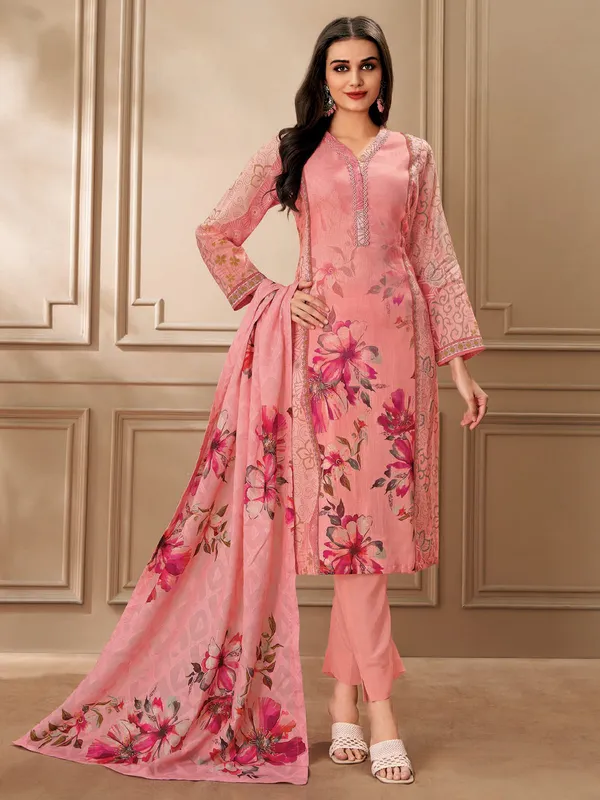 Peach printed cotton salwar suit