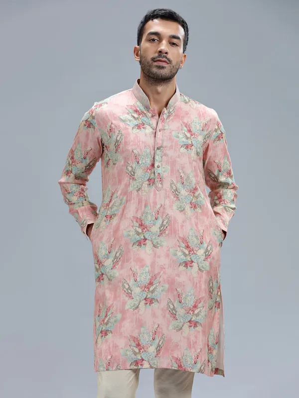 Peach printed cotton silk kurta pajama for men