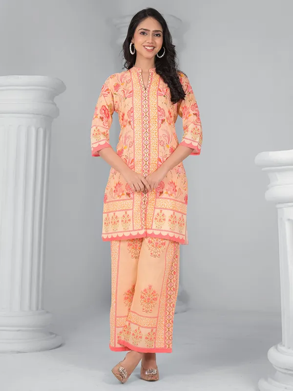 Peach printed cotton silk palazzo kurti set