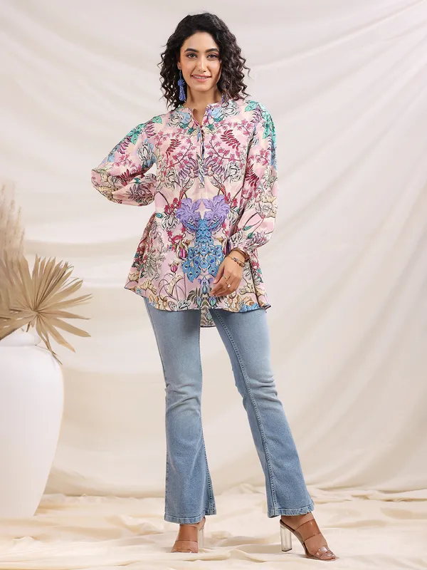 Peach printed crepe top for women