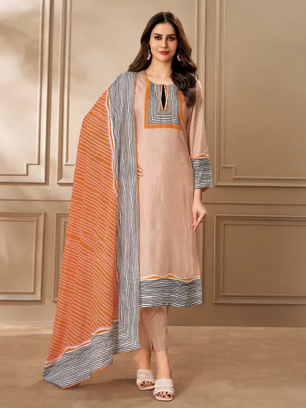 Peach printed dola silk salwar suit