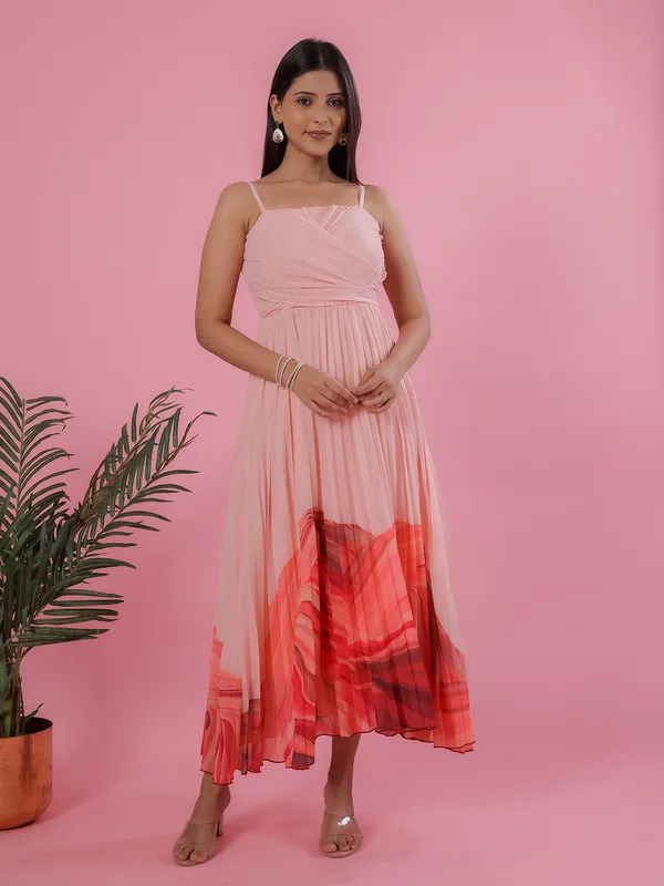 Peach printed georgette dress for women