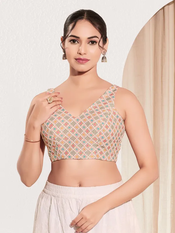 Peach printed jacquard ready made blouse