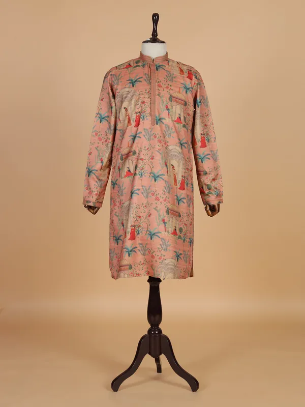 Peach printed kurta suit in cotton silk for men