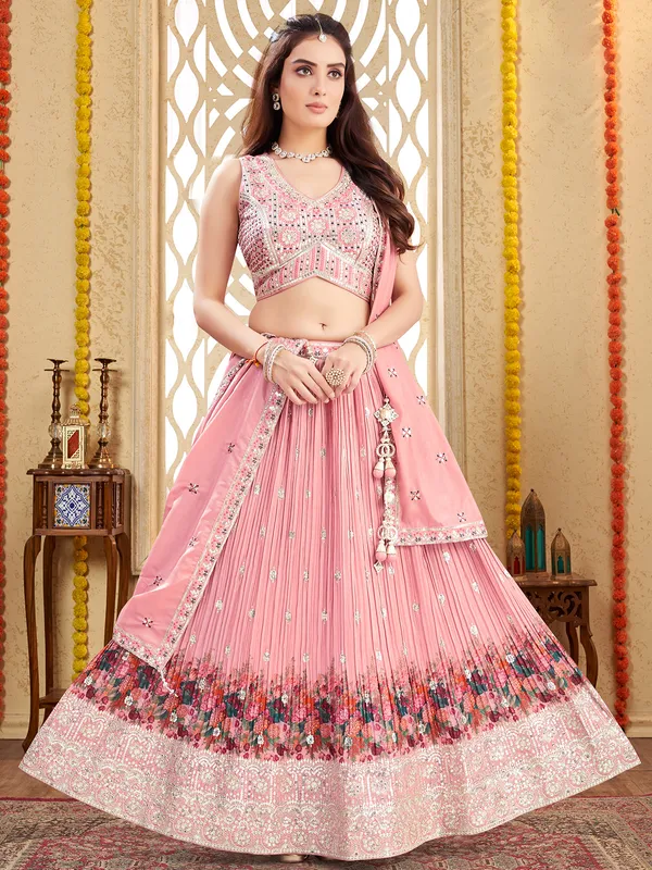 Peach printed lehenga choli in rich silk