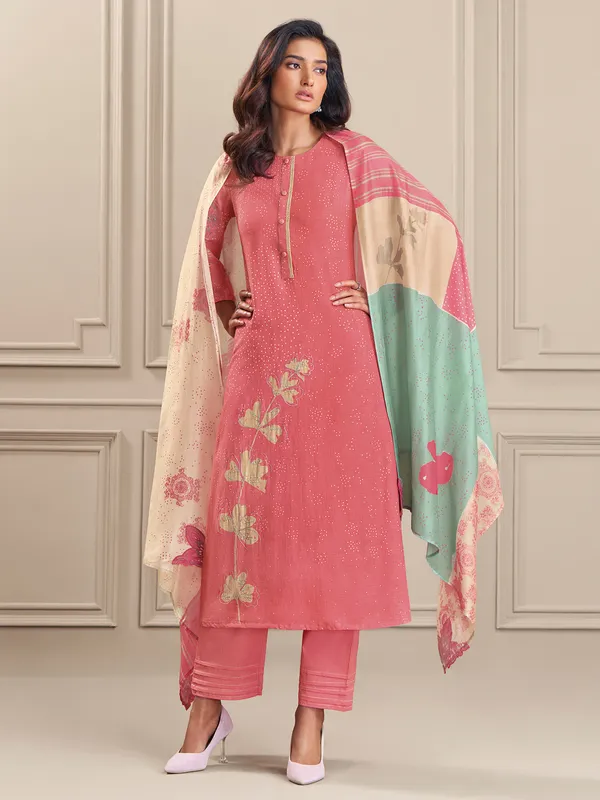 Peach printed linen cotton salwar suit