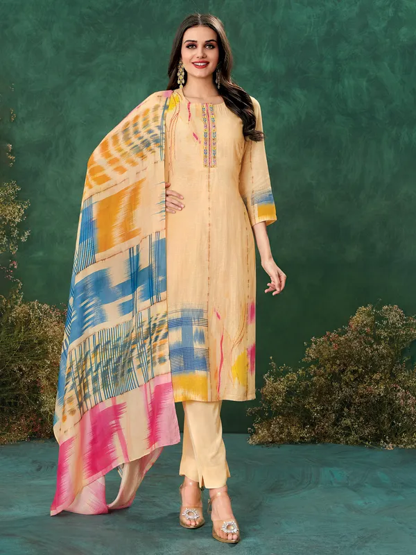 Peach printed linen salwar suit