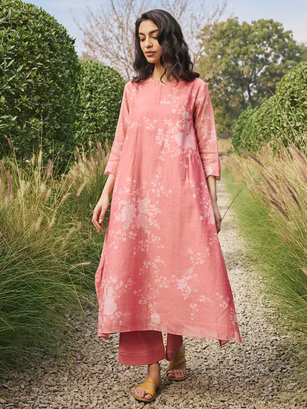 Peach printed muslin cotton salwar suit for women