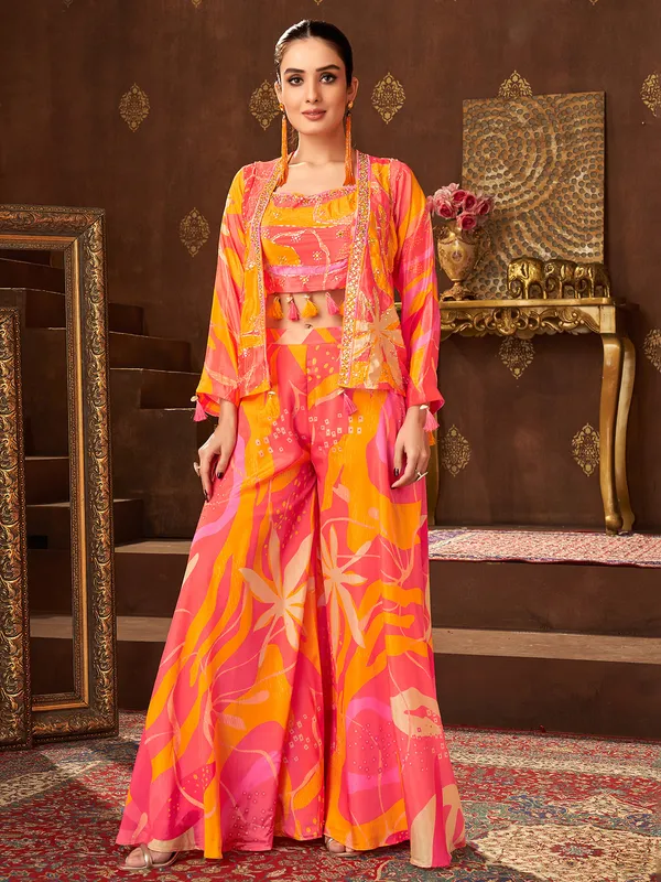 Peach printed palazzo suit with jacket