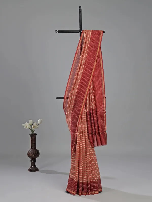 Peach printed saree in semi cotton fabric