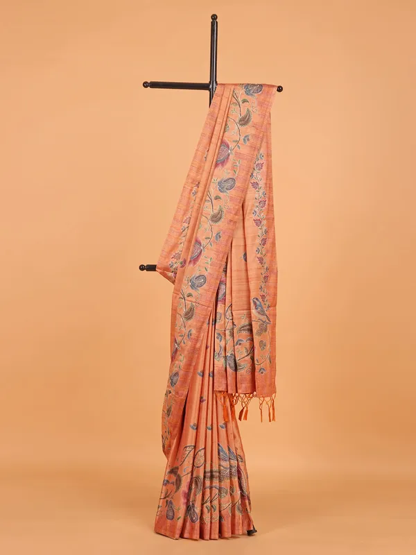 Peach printed semi cotton silk saree for festive