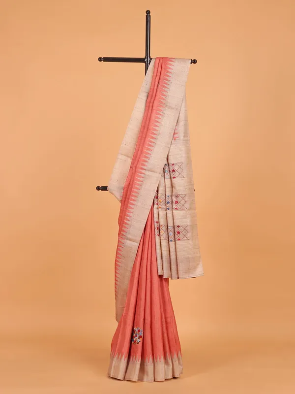Peach printed semi tusser silk saree for women