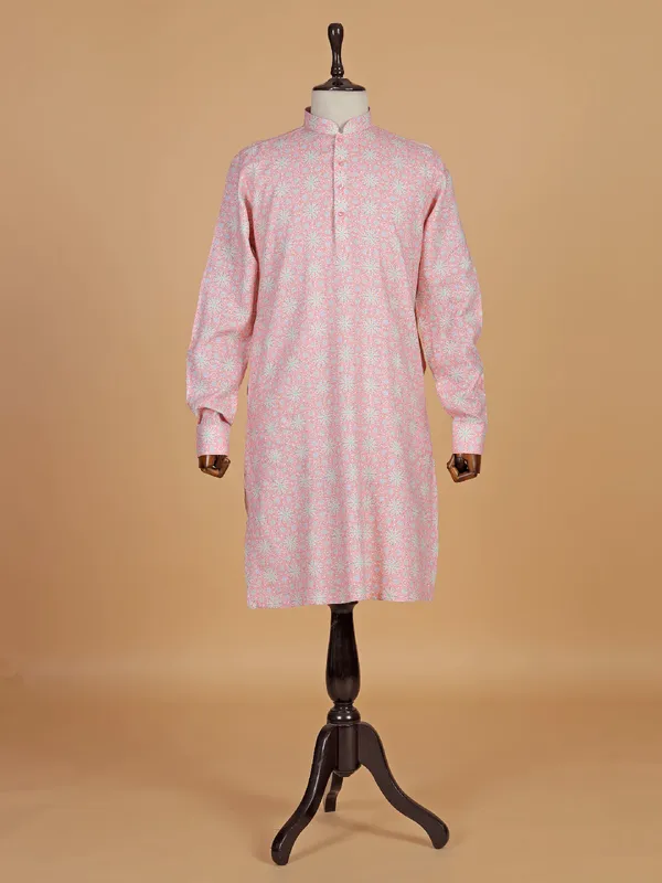 Peach printed silk kurta suit for men