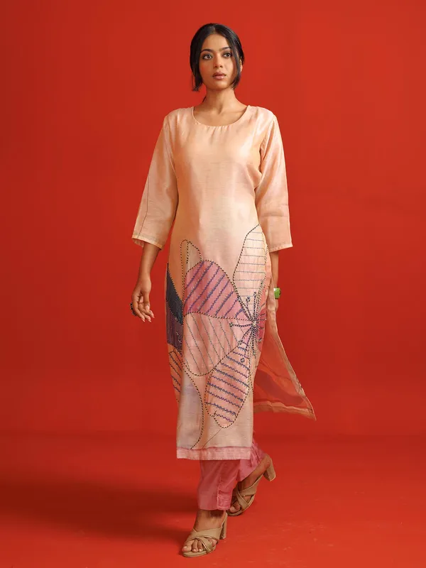 Peach printed silk kurti set for women