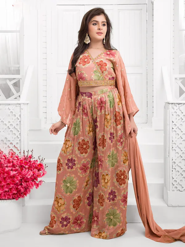 Peach printed silk palazzo suit with dupatta