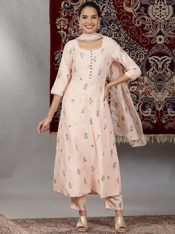 Peach printed silk salwar suit for women