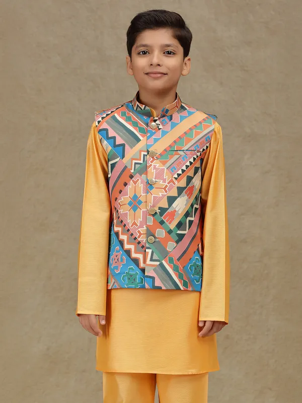 Peach printed silk waistcoat set for boys