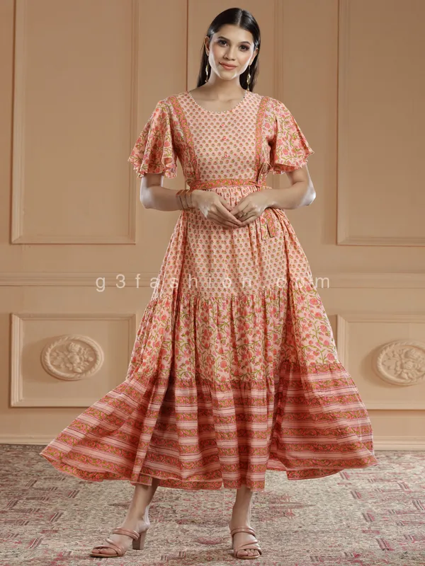 Peach printed style festive cotton silk kurti