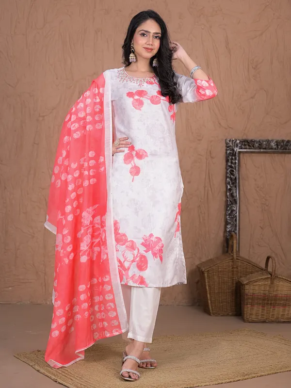Peach printed women kurti set in cotton silk