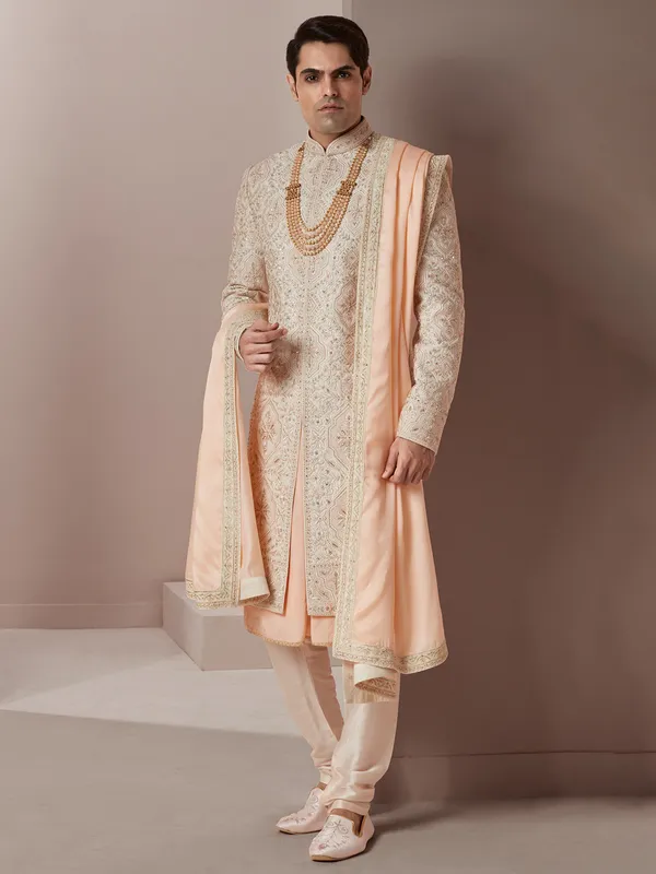 Peach raw silk groom and wedding men sherwani