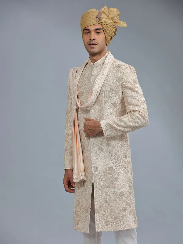 Peach raw silk groom style sherwani for men