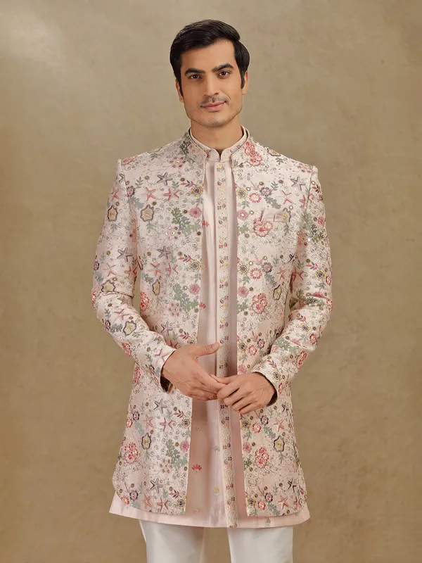 Peach raw silk indo western for mens